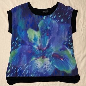 Apt. 9 Iris Print Blouse | cap sleeves | Flowy Front + Black Knit Back